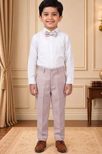 Boys light pink cotton blend floral sequined 3 piece suit set with bowtie