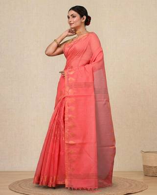 coral pink heart motifs cotton blend handspun soft saree 2