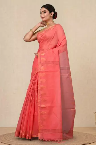 coral pink heart motifs cotton blend handspun soft saree