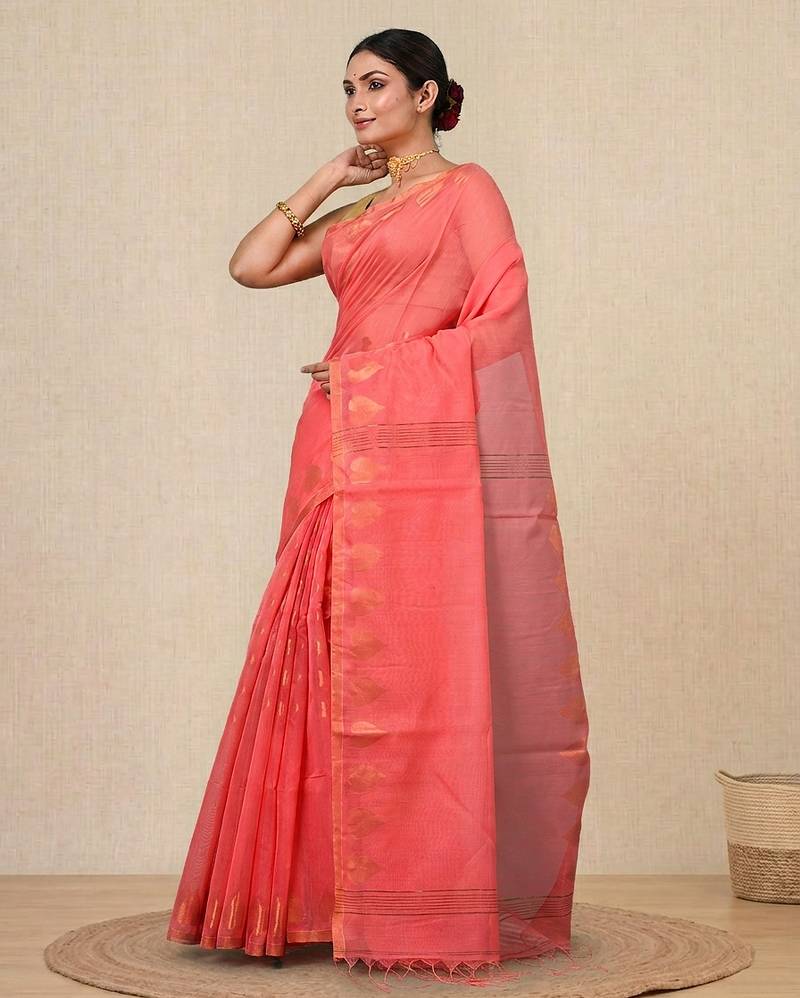 coral pink heart motifs cotton blend handspun soft saree