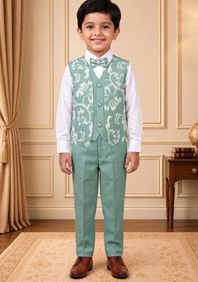 Boys mint green cotton blend floral sequined 3 piece suit set with bowtie 1