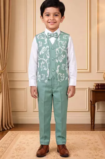 Boys mint green cotton blend floral sequined 3 piece suit set with bowtie