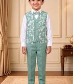 Boys mint green cotton blend floral sequined 3 piece suit set with bowtie