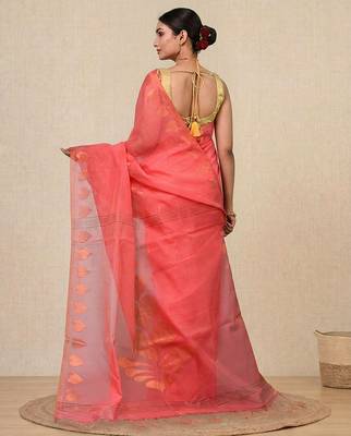 coral pink heart motifs cotton blend handspun soft saree 3
