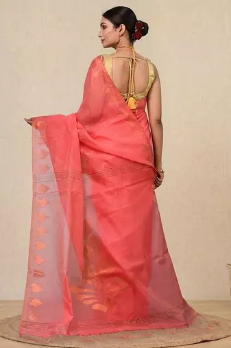 coral pink heart motifs cotton blend handspun soft saree