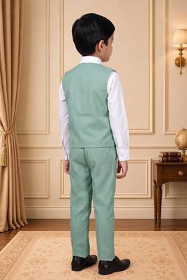 Boys mint green cotton blend floral sequined 3 piece suit set with bowtie 2