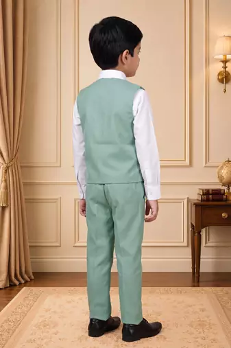 Boys mint green cotton blend floral sequined 3 piece suit set with bowtie