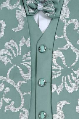 Boys mint green cotton blend floral sequined 3 piece suit set with bowtie 3