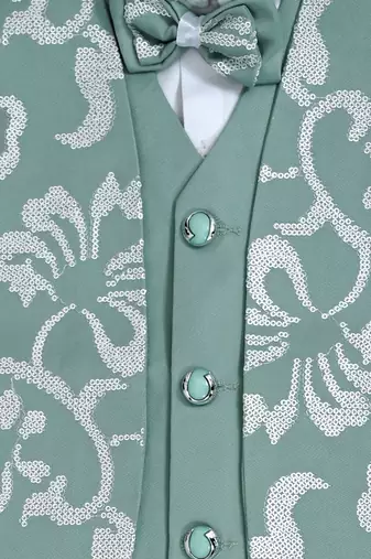 Boys mint green cotton blend floral sequined 3 piece suit set with bowtie