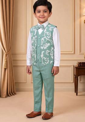Boys mint green cotton blend floral sequined 3 piece suit set with bowtie 4