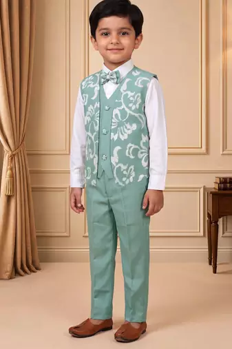 Boys mint green cotton blend floral sequined 3 piece suit set with bowtie