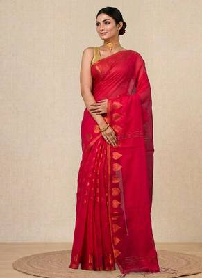 Red heart motifs cotton blend handspun soft saree 1