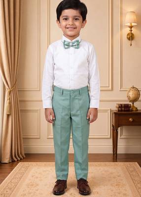 Boys mint green cotton blend floral sequined 3 piece suit set with bowtie 5