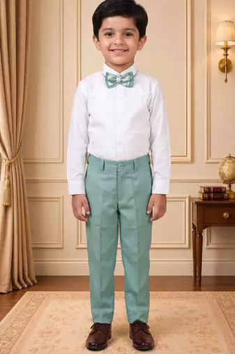 Boys mint green cotton blend floral sequined 3 piece suit set with bowtie
