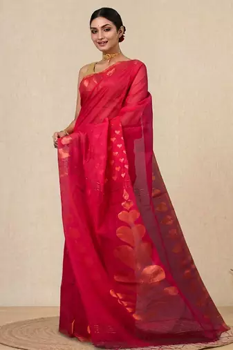 Red heart motifs cotton blend handspun soft saree