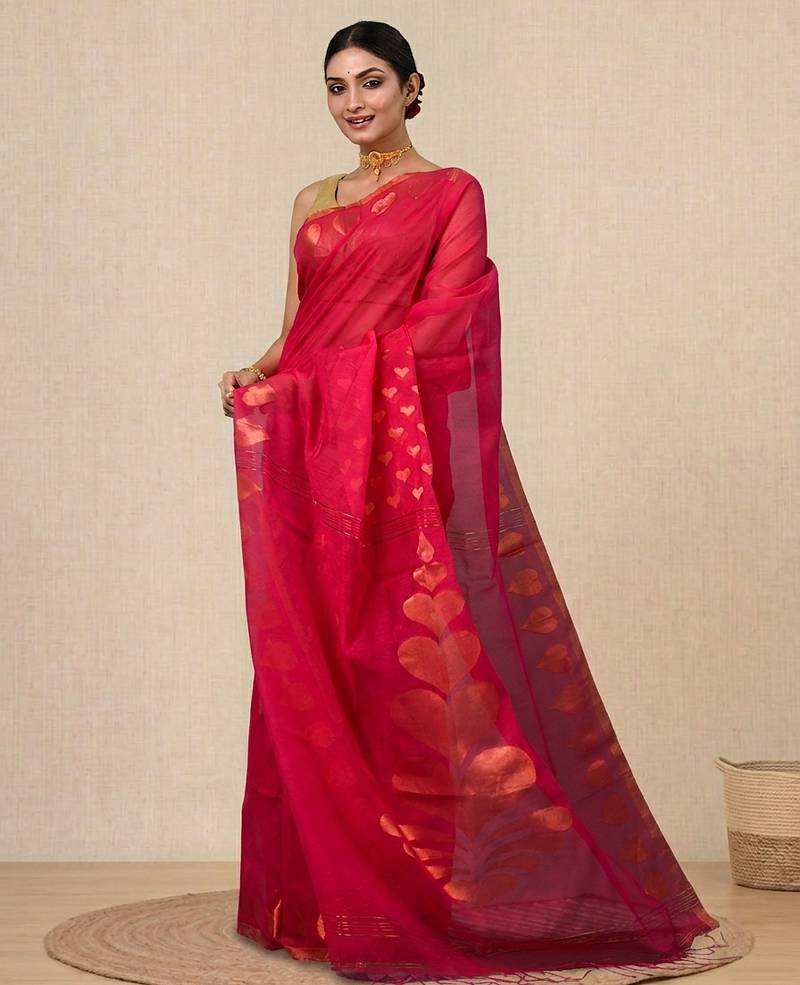 Red heart motifs cotton blend handspun soft saree