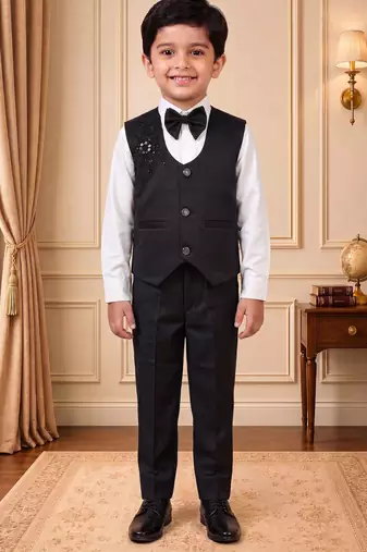 Boys black satin floral sequined with bead work embroidered 3 piece suit set with bowtie