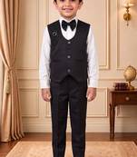 Boys black satin floral sequined with bead work embroidered 3 piece suit set with bowtie