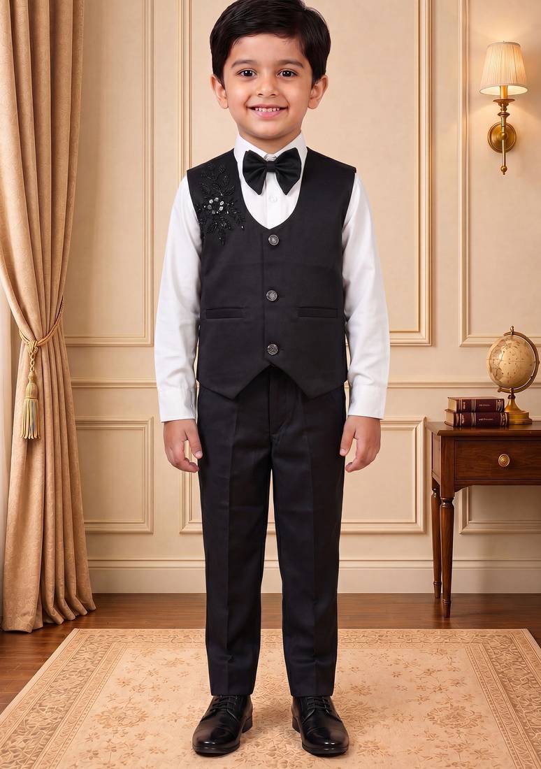 Boys black satin floral sequined with bead work embroidered 3 piece suit set with bowtie