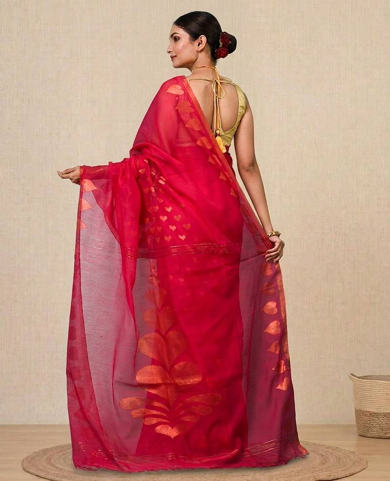 Red heart motifs cotton blend handspun soft saree