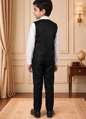 Boys black satin floral sequined with bead work embroidered 3 piece suit set with bowtie 2