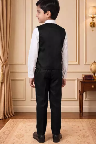 Boys black satin floral sequined with bead work embroidered 3 piece suit set with bowtie