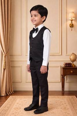 Boys black satin floral sequined with bead work embroidered 3 piece suit set with bowtie 4