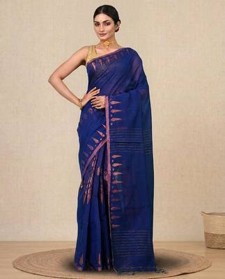 navy blue geometric motifs cotton blend handspun soft saree 1