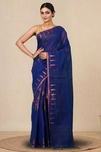 navy blue geometric motifs cotton blend handspun soft saree
