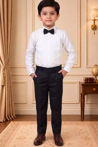 Boys black satin floral sequined with bead work embroidered 3 piece suit set with bowtie