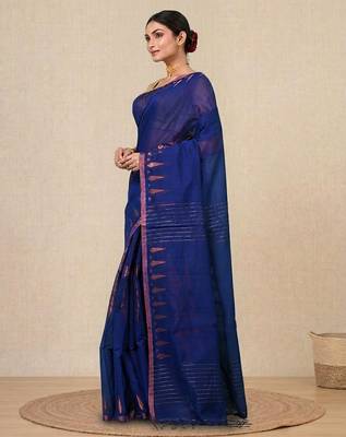 navy blue geometric motifs cotton blend handspun soft saree 2