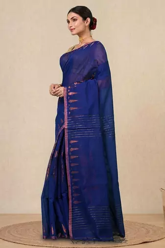 navy blue geometric motifs cotton blend handspun soft saree