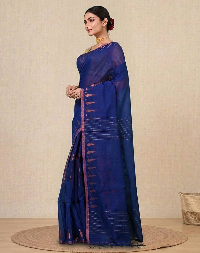navy blue geometric motifs cotton blend handspun soft saree