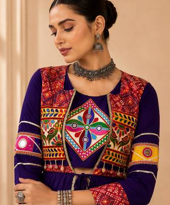 Purple Cotton Gamthi Work Lehenga Choli with Koti 4