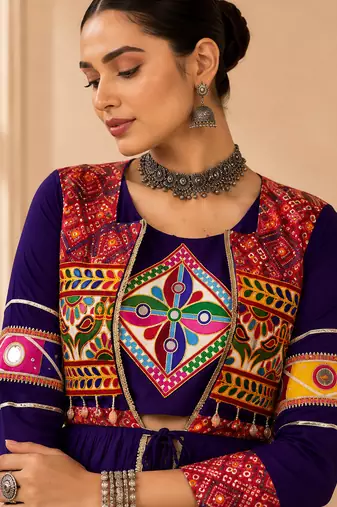 Purple Cotton Gamthi Work Lehenga Choli with Koti