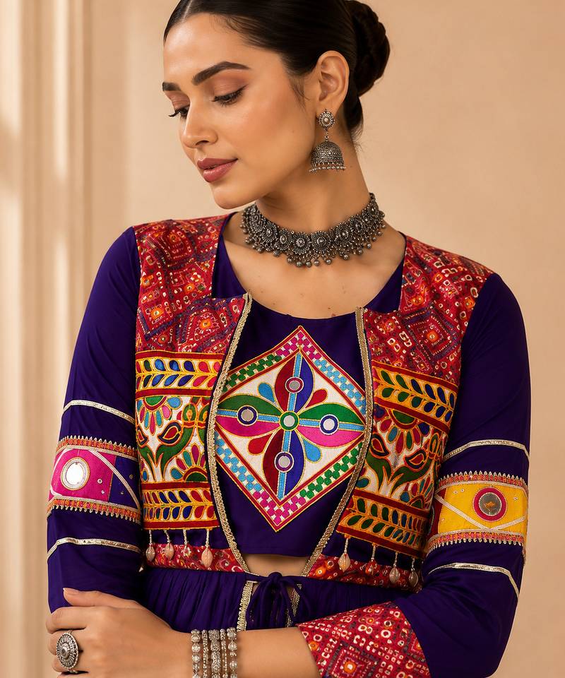 Purple Cotton Gamthi Work Lehenga Choli with Koti