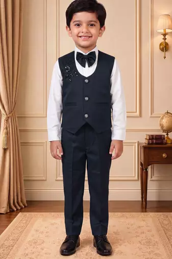 Boys navy blue satin floral sequined with bead work embroidered 3 piece suit set with bowtie