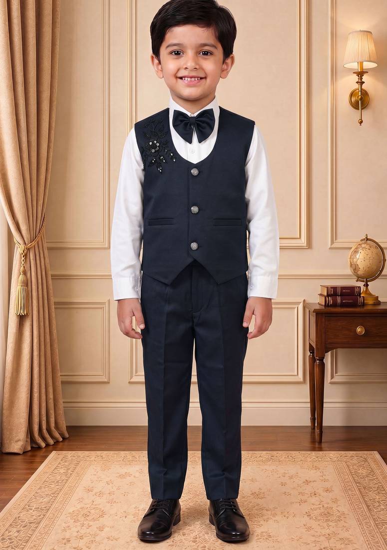 Boys navy blue satin floral sequined with bead work embroidered 3 piece suit set with bowtie