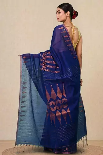 navy blue geometric motifs cotton blend handspun soft saree