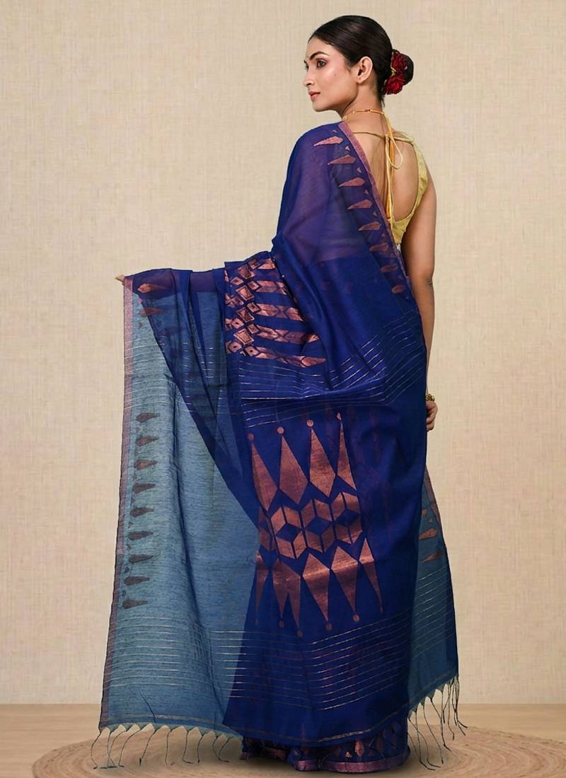 navy blue geometric motifs cotton blend handspun soft saree