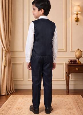 Boys navy blue satin floral sequined with bead work embroidered 3 piece suit set with bowtie 2