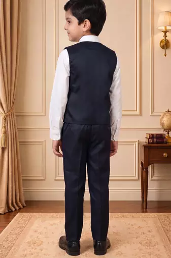 Boys navy blue satin floral sequined with bead work embroidered 3 piece suit set with bowtie