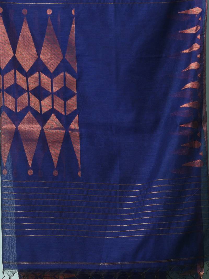 navy blue geometric motifs cotton blend handspun soft saree
