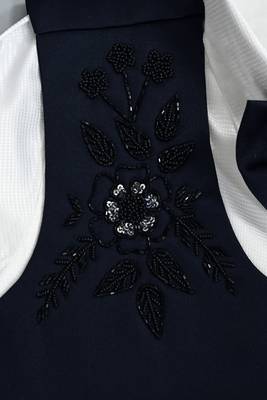 Boys navy blue satin floral sequined with bead work embroidered 3 piece suit set with bowtie 3