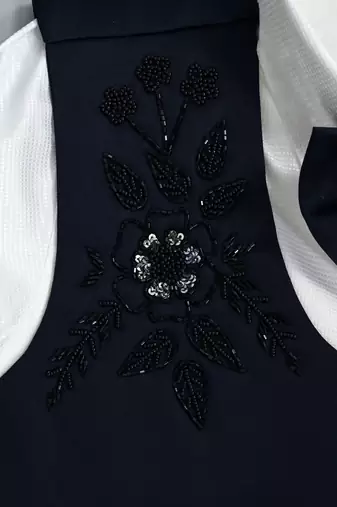 Boys navy blue satin floral sequined with bead work embroidered 3 piece suit set with bowtie