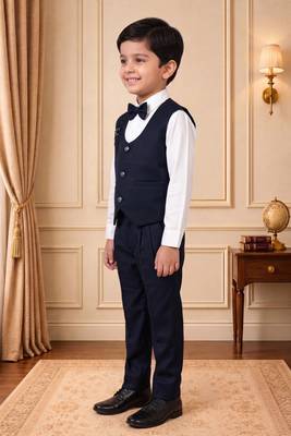 Boys navy blue satin floral sequined with bead work embroidered 3 piece suit set with bowtie 4