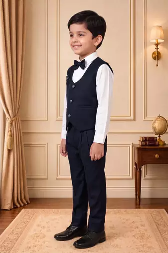 Boys navy blue satin floral sequined with bead work embroidered 3 piece suit set with bowtie