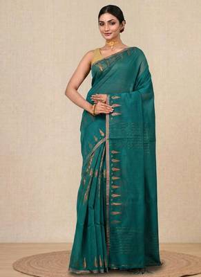 teal geometric motifs cotton blend handspun soft saree 1