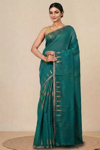 teal geometric motifs cotton blend handspun soft saree