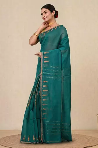teal geometric motifs cotton blend handspun soft saree